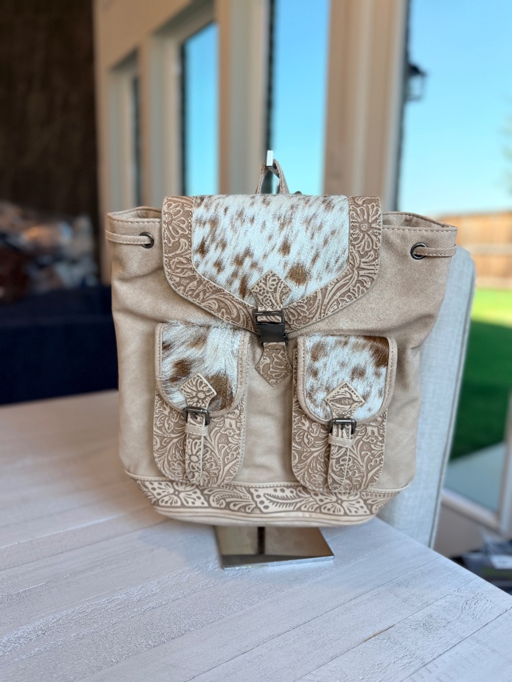 Trinity Ranch Genuine Hair-On Cowhide Tooled Backpack Tan